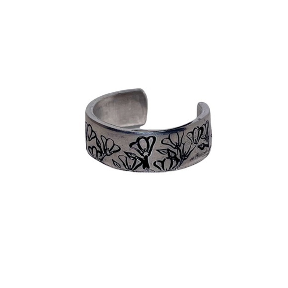 Handmade 8 hand stamped boho floral hypoallergenic
adjustable‎ cuff ring